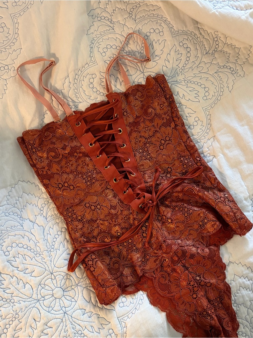 Free People “Hot as Hell” Rust Lace Reversible Body Suit